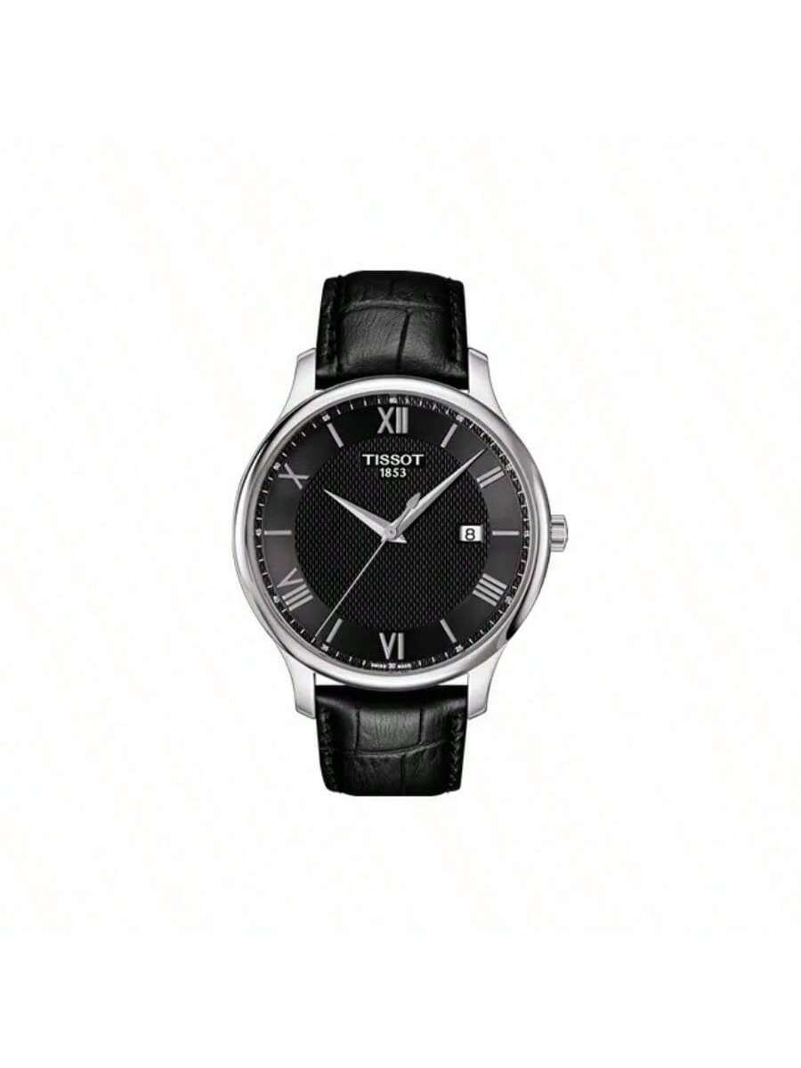 

Tissot Elegance Series quartz movement watch, Roman numeral date display, three-hand waterproof, gift box packaging, men s T063.610.16.058.00 чорний