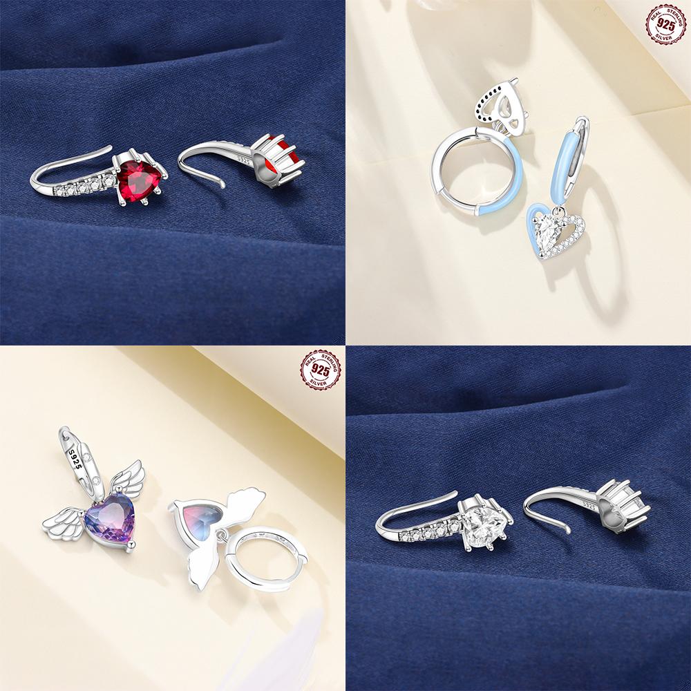 925 Silver White Heart Zircon Earring Pink Heart Wings for Women's Earrings Anniversary Jewelry Delicate Fine Gift