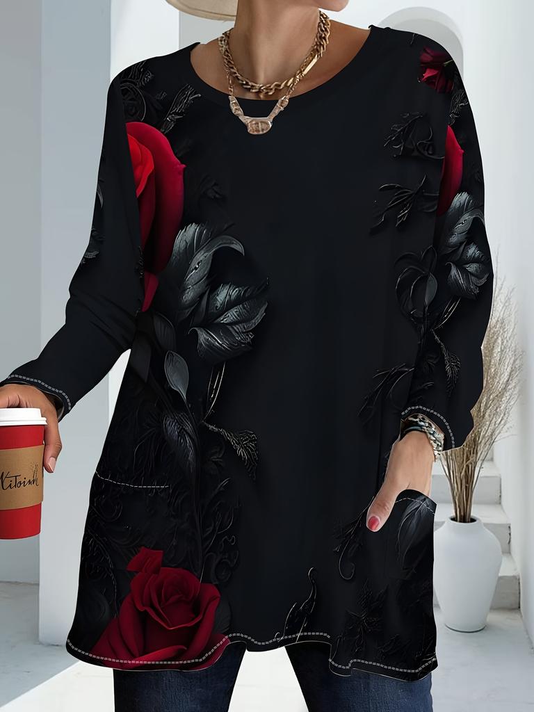Ladies Plus Size with Pocket Design Black Rose Print Long Sleeve Loose Top, Fashion Versatile T-Shirt
