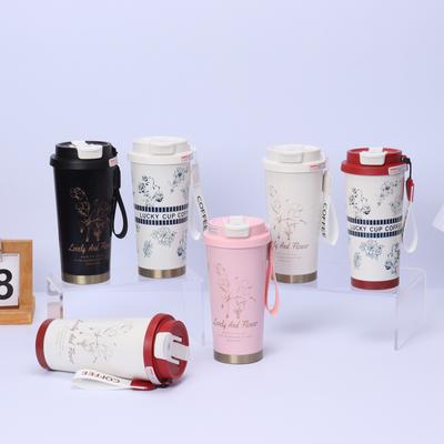 304 Stainless Steel Thermos Cup Double-Layer Vacuum Portable Water Cup Portable Double Drinking Straw Cup Lily Of The Valley Coffee Cup