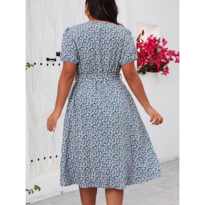 Rochie de vară florală pentru femei plinute, cu gât pătrat, mâneci scurte, cu centură, tiv A-line