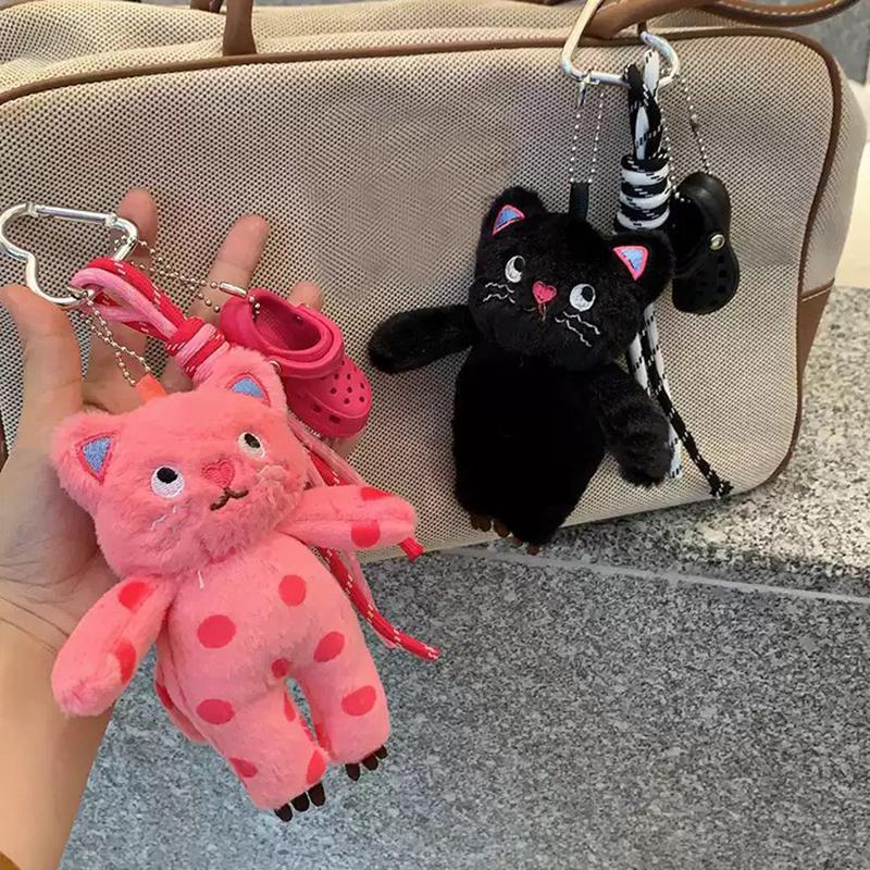 Kawaii Polka Dot Kitten Plush Keychain Cute Cartoon Cat Keyring Bag Pendant Backpack Hanging Decoration Key Accessories