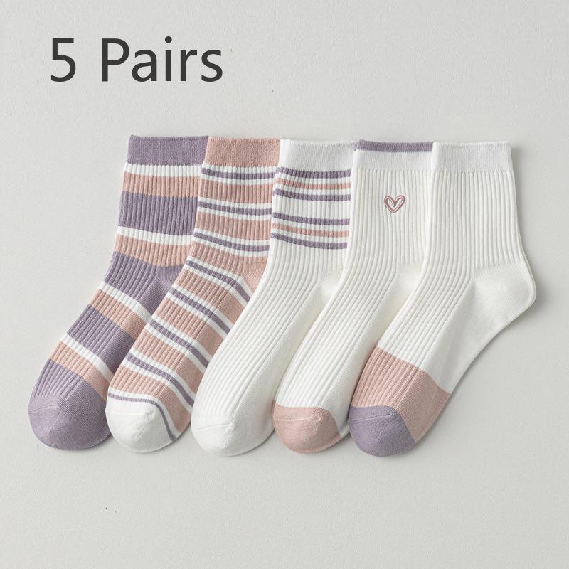 

5 пар тонких носков-труб для девочек на весну и лето в черно-белую вышитую полоску с дезодорирующим эффектом 5 Pairs