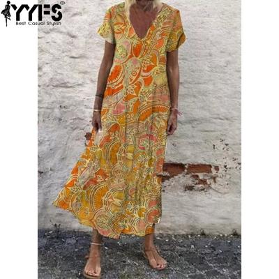 Women's Fashion Summer Spring Flower Pattern Print Short Sleeve V-Neck High Waist Casual Dresses