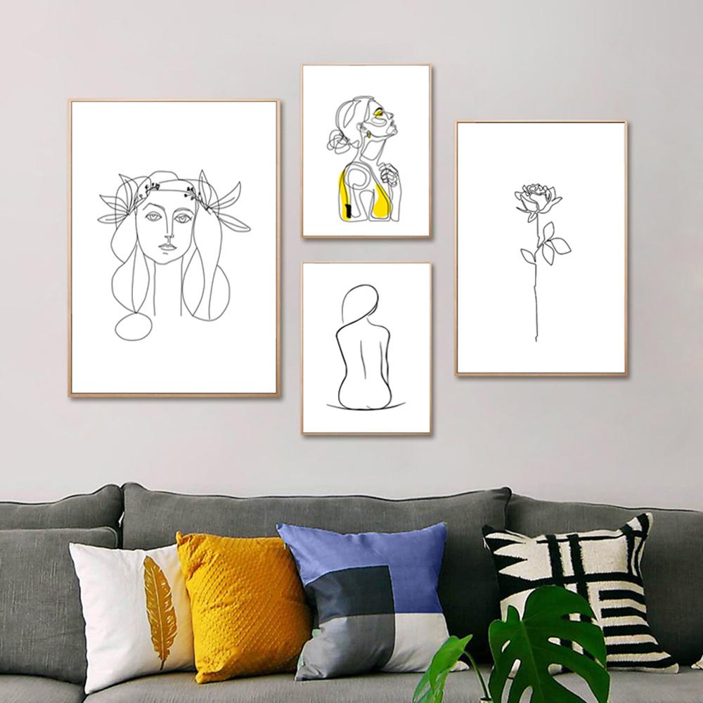 Wall Poster Figure Hand Flower One Line Drawing Canvas Art Print Painting Black White Lady Wall Picture For Living Room Decor