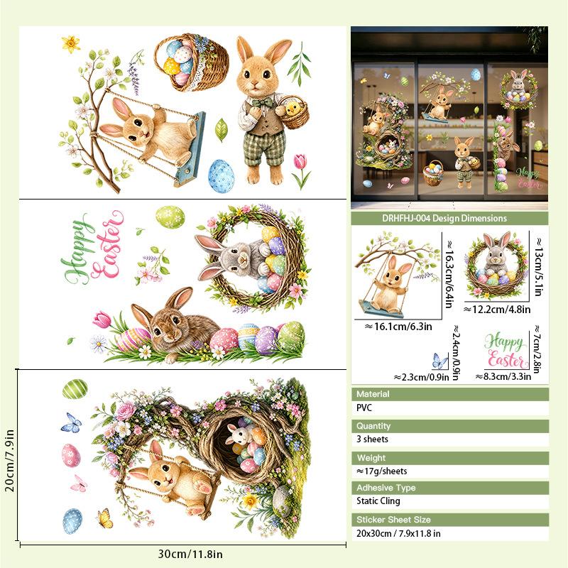 Easter Rabbit Egg Basket Static Window Sticker Self Adhesive Glass Showcase Decor