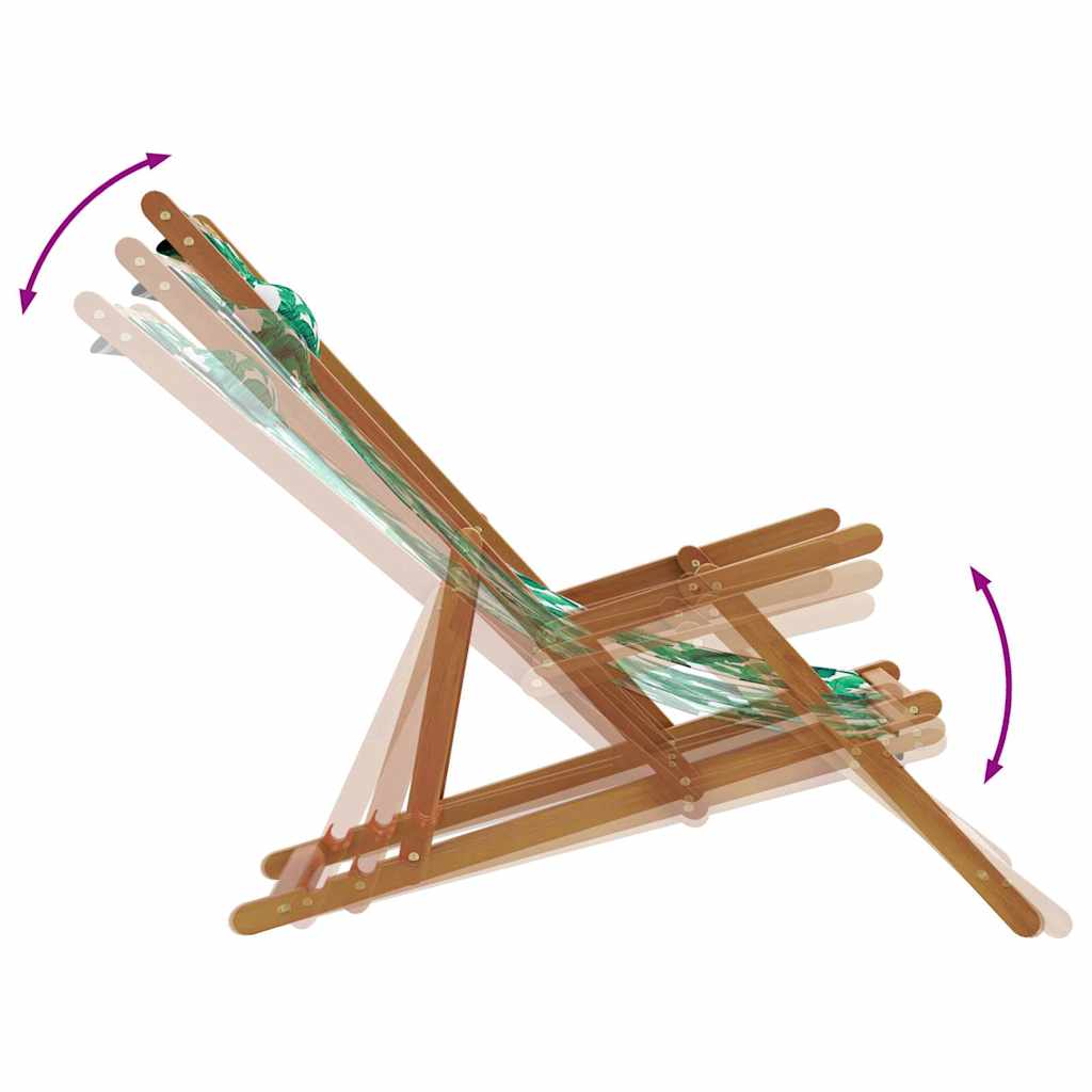 Folding Beach Chair with Leaf Pattern Solid Eucalyptus Wood Frame Fabric Seat