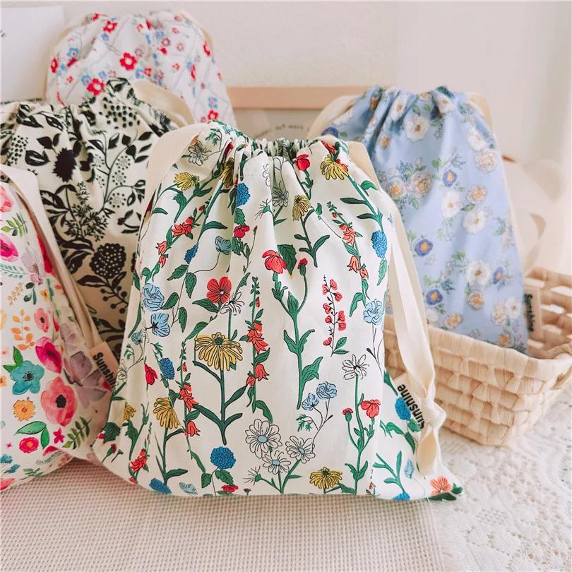 Portable Organizer for Underwear Socks Bra Cotton Makeup Bag Travel Drawstring Bags Ins Flower Print Clothes Cosmetic Bags
