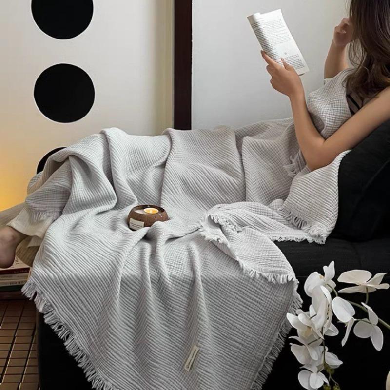 

Premium Combed 4-Layer Gauze Blanket Japanese Style Jacquard Tassel Design Sofa Cover Blanket for Office Nap Home Living Room белый
