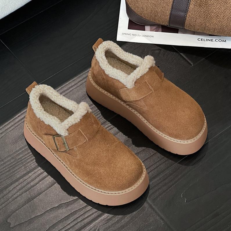 Leather retro women's autumn and winter models, leather velvet thickened warm fluffy shoes, platform casual cotton shoes