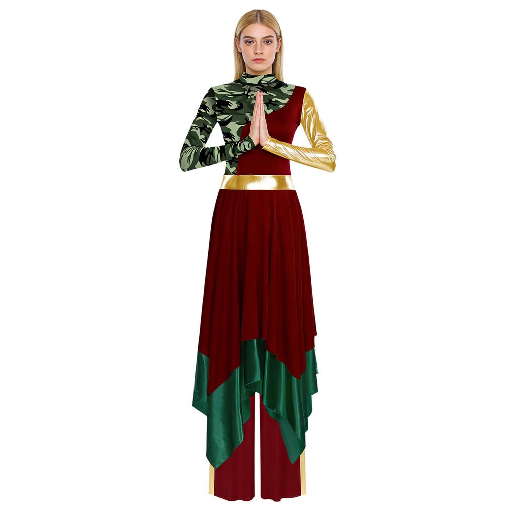 Womens Printed Dress Wide Leg Pants Set Irregular Hem Long Sleeve Metallic Patchwork Praise Dance Choir Wear