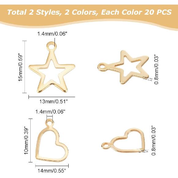 UNICRAFTALE 80pcs 2 Colors Heart & Star Charms - 304 Stainless Steel Hollow Pendants for Jewelry Making