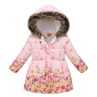 Winter Kinder Mode Bedruckter Baumwollmantel für Mittlere und Große Kinder, Verdickt mit Pelzkragen und Kapuze, Lässiger Baumwollmantel
