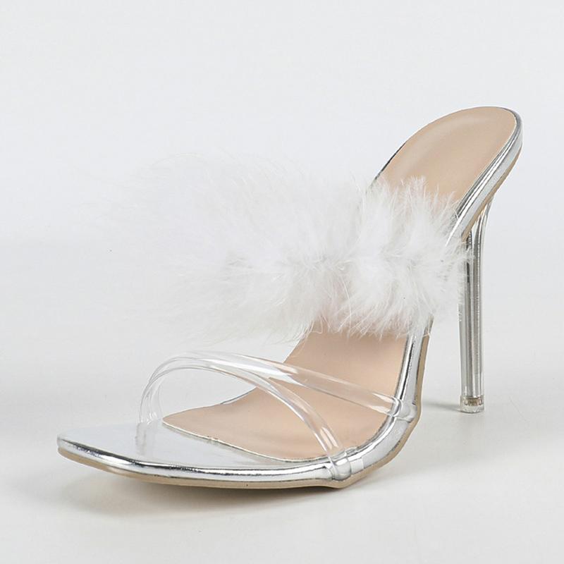 

Мода Liyke Летняя Мода Белые Перья Мех Женские Желейные Тапочки Прозрачные Каблуки из Плексигласа Туфли для Вечеринки Выпускного Вечера ПВХ Прозрачные Сандалии 35 серебряный
