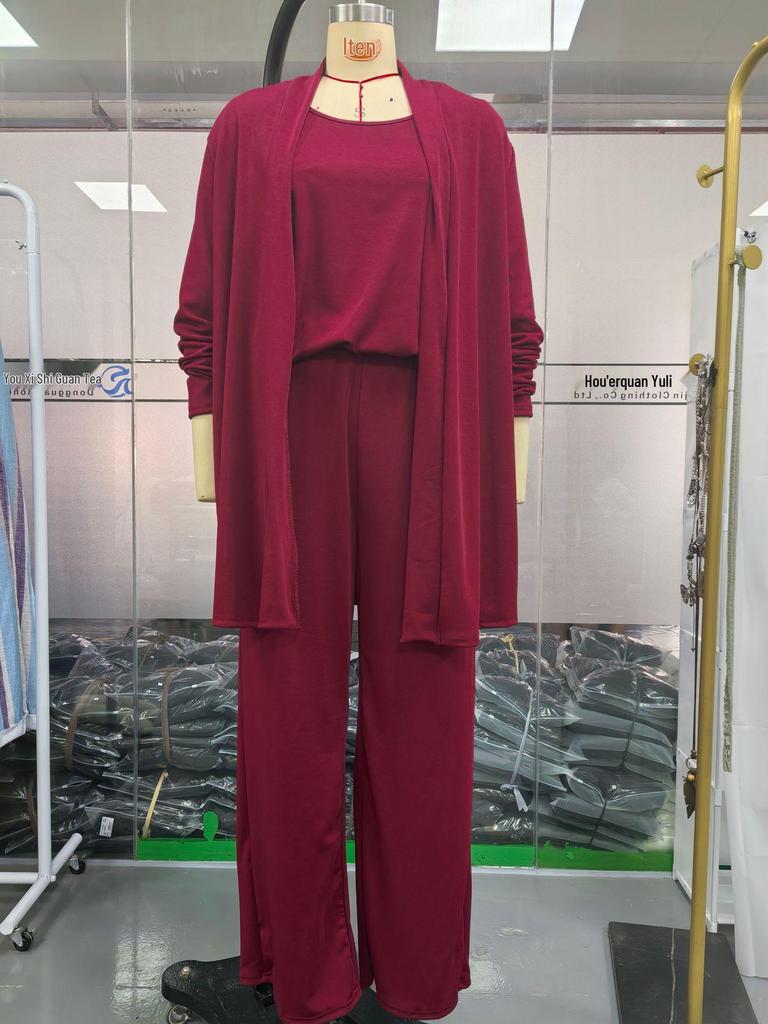 2025 Women's Solid Color Round Neck Long Sleeve Top and Belted Pants 3-Piece Set