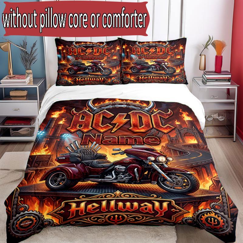 3pcs Duvet Cover Set (1*Duvet Cover + 2*Pillowcase, Without Core), Custom Name ACDC BAND Pattern Bedding Set, Home Bedroom Decor Gift