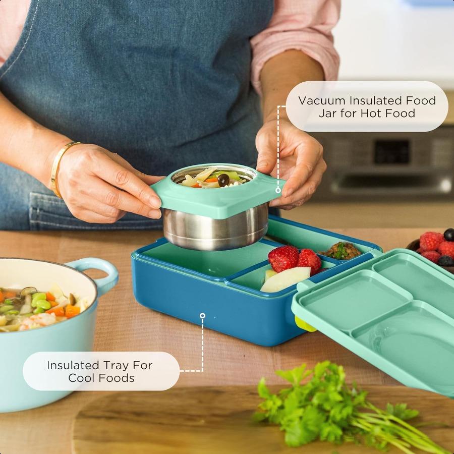 Box Bento Box for Insulated Bento Lunch Box with Leak Proof Thermos Food Jar 3 Compartments Two Temperature Zones Meadow
