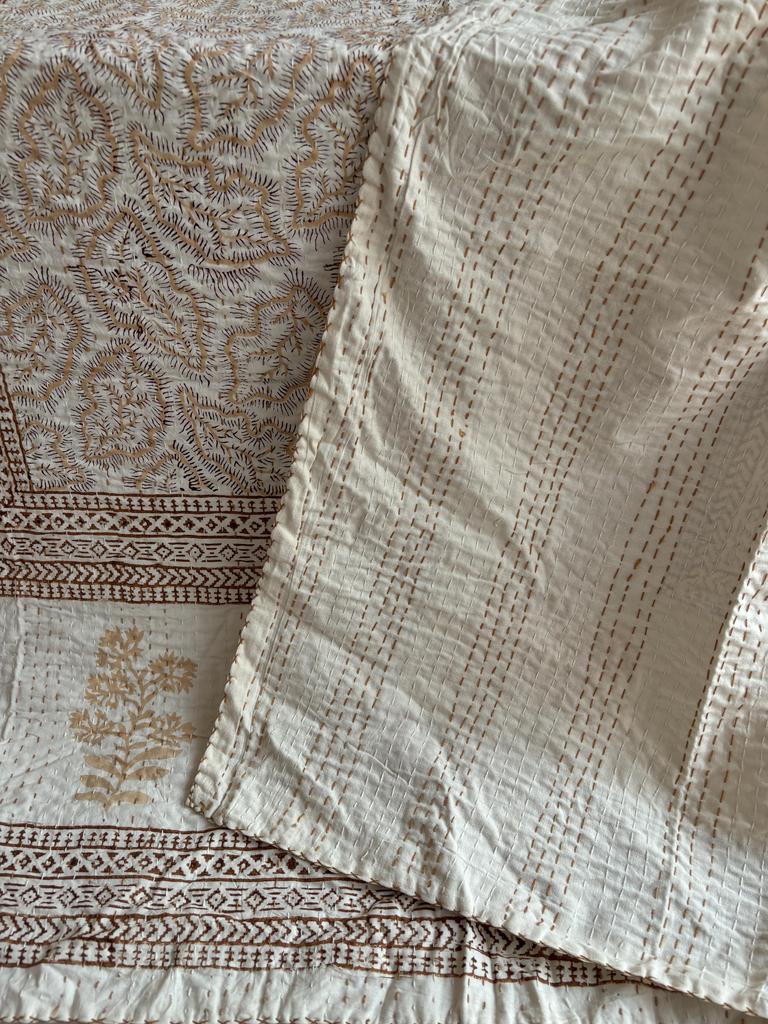 Kantha Stitch Pure Cotton Reversible Bed/Sofa Throw King Size | Handmade Hand Printed Floral Dohar | Gudari Kantha Bedspread blanket