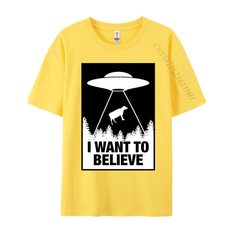 I Want To Believe Ufo Abducting A Cow Normal Fashionable Normal T Shirts Cotton Camisa Unisex Tees Print T Shirts