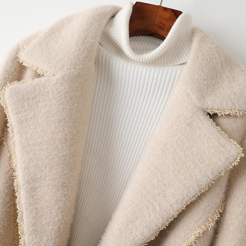 Women's  Autumn Winter  Slim Fit Woolen Coat Imitation Mink Fleece Mid Length Casual Fashion Woolen Coat Long Coat Women