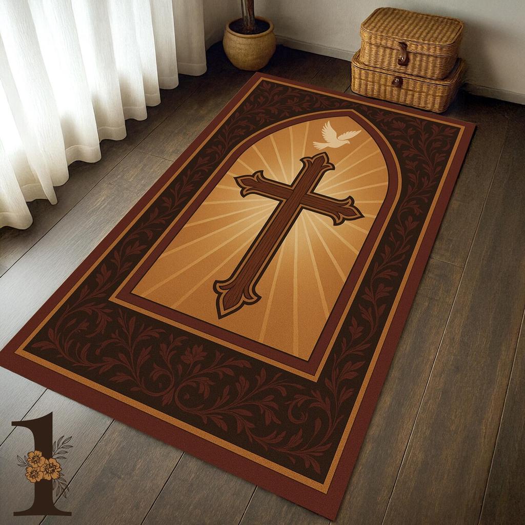 Orthodox Cross Carpet, Christian Prayer Rug for Home Church, Navy Blue Gold Area Rug, Religious Decor, Soft Washable Floor Mat