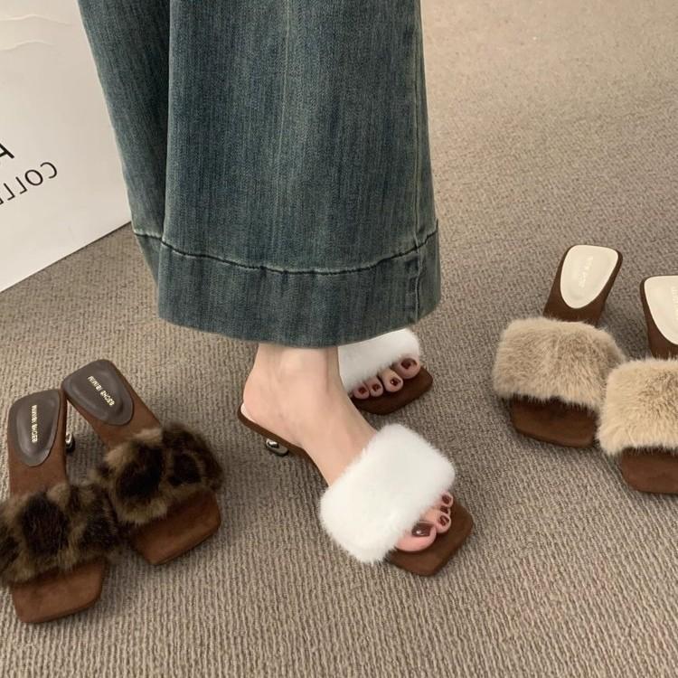 High Heels Leopard Print Retro Fluffy Slippers Women's Outerwear 2025 Autumn Versatile Skirt Fairy Style One-word Drag