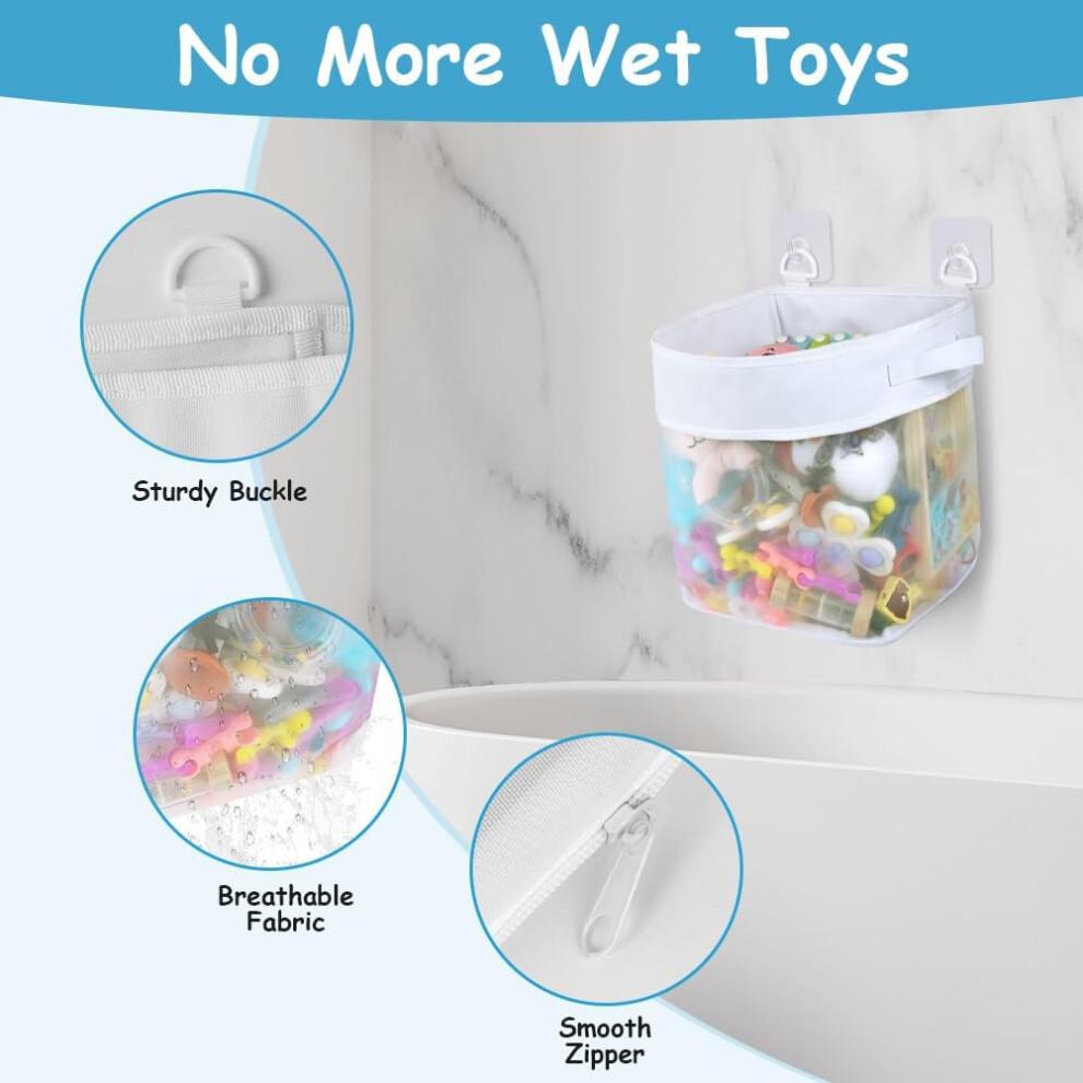 Bath Toy Storage Bag, Bath Toy Hanging Organiser Bag with 4 Hooks, Bath Toy Mesh Bag, Bath Toy Storage, Ideal for Bath Time White Large
