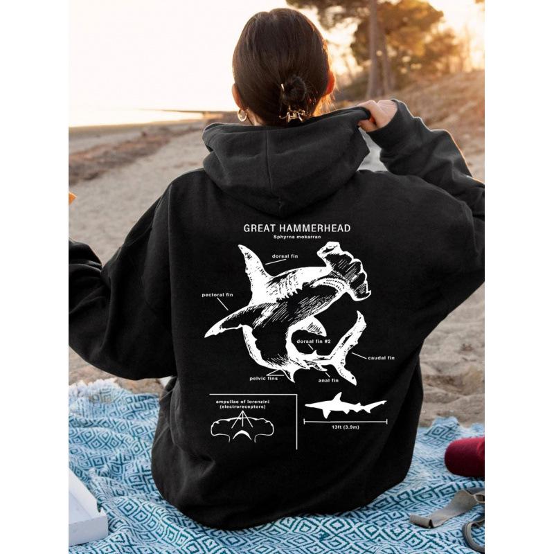2025 Multi-color Shark Print Women's Hooded Sweatshirt