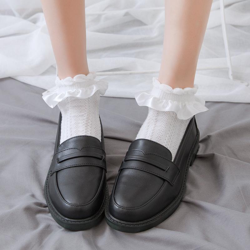Damen Socken Lolita Stil Japanisch Kawaii Niedlich Rüschen Socken Einfarbig Weiß Schwarz Netzspitze Mädchen Süße Harajuku Kurze Socken
