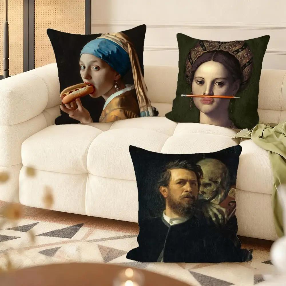 Classical European Fun Figures Cushion Cover Silky Short Plush Double-Sided Printed Pillow Case For Sofa All Seasons Home Decor