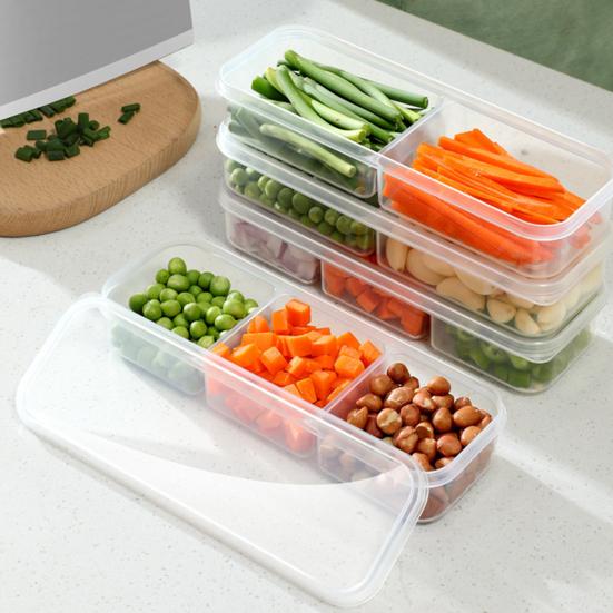2Pcs Slim Meal Prep Boxes with Lids Long Clear Snack Containers with 2 or 3 Compartments Narrow Stackable Refrigerator Organizer for Fridge Pantry