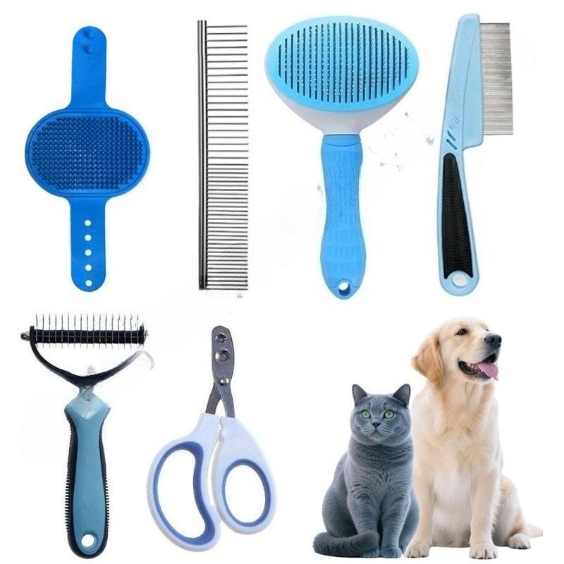 10-piece Cat and Dog Brush Beauty Set, Self-cleaning Rake Brush, Nail Clipper, Flea Comb, Bath Brush, Finger Cots