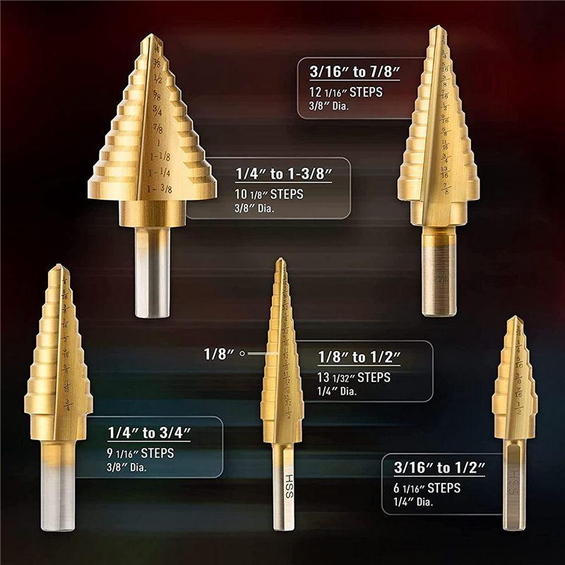 A60Z6 Pcs Step Drill Bit Set Titanium HSS Unibit Drill Bits From 1/8 Inch To 1-3/8 Inch Stepped Up Bits & Center Punchmay