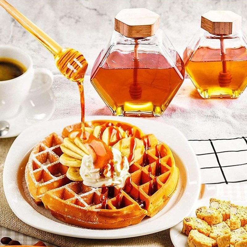 Шестигранная стеклянная бутылка для меда с деревянным горшком для меда, палочкой для перемешивания, герметичная прозрачная банка для варенья, для хранения на кухне и дома, 100 мл/220 мл/380 мл