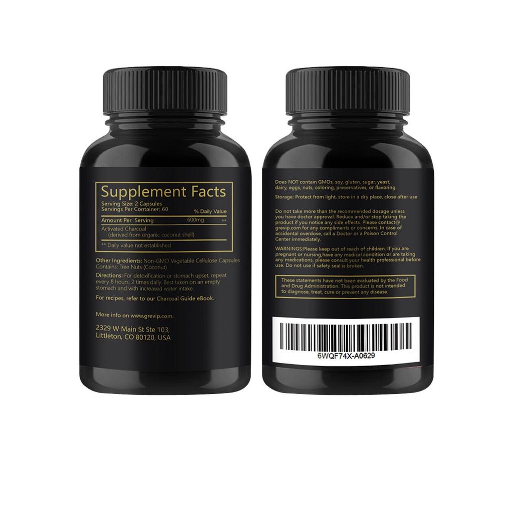 Organic coconut charcoal capsules, coconut shell charcoal, nutritional supplement, all-natural, suitable for adults.