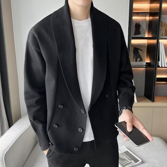 Men Sweater Coat Turn-down Collar Solid Color Long Sleeves Cardigan Buttons Warm Elastic Double-breasted Men Spring Coat for Work