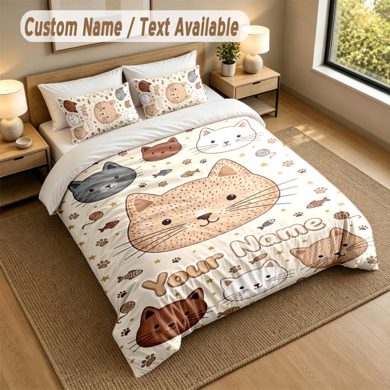 Katzen-Thema Personalisierte 3-teilige Bettwäschegarnitur Benutzerdefinierter Text & Name 1 Bettlaken 2 Kissenbezüge Haushaltsbettwäsche 1 Stück