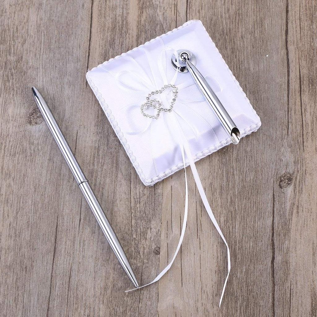 Wedding Guest Book and Pen Set Double Heart Rhinestone Decor Signature Book with Pen for Wedding Party Decorations - White