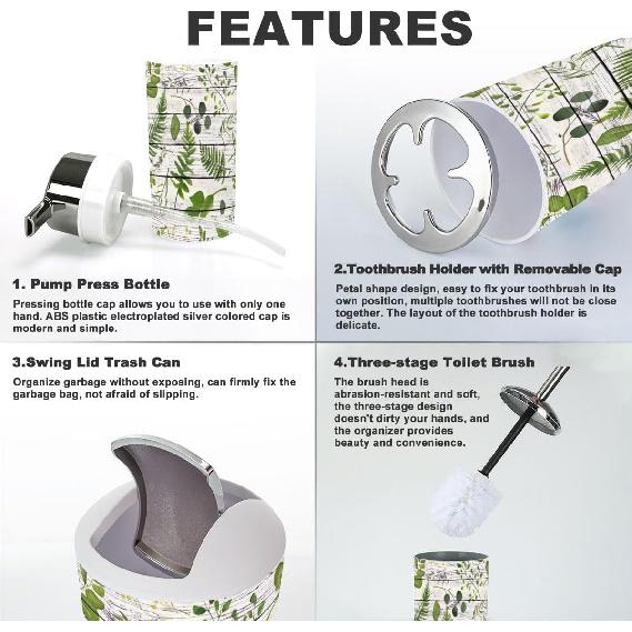 Bathroom Accessory Set 6 Piece Eucalyptus Greenery Green Fern Leaves Rustic Toothbrush Holder, Toothbrush Cup, Soap Dispenser, Soap Dish, Toilet