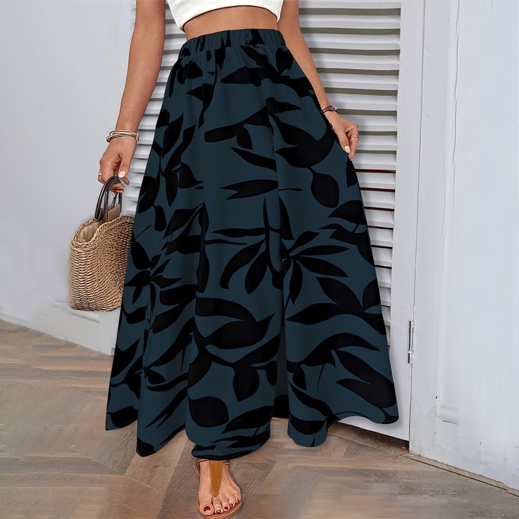 Elastic Waist Printed Long Skirt Summer High-end Temperament Commuting Drape Pleated Skirt Women's Clothing