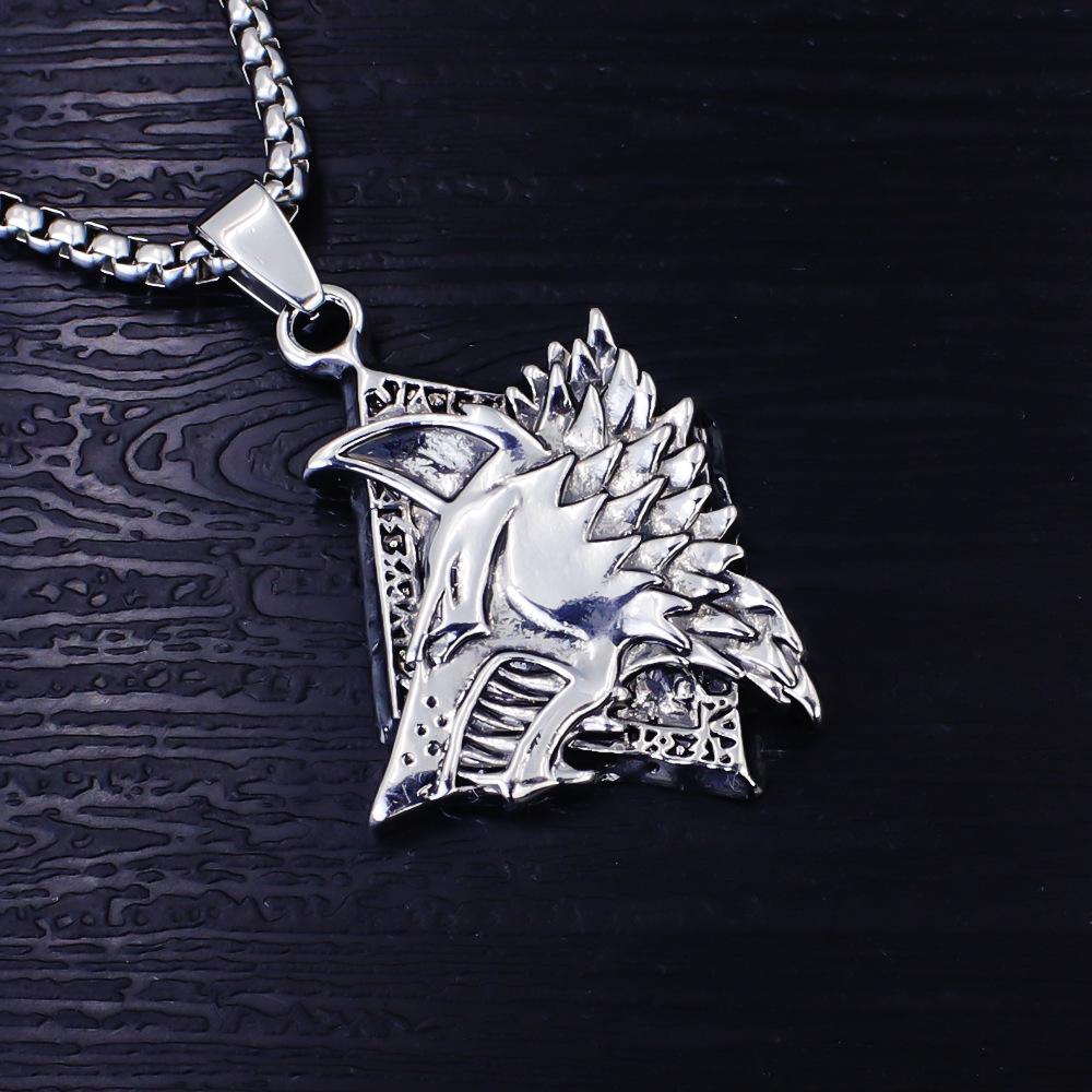 European Viking Titanium Steel Rune Necklace with Stainless Steel Spearhead and Compass Pendant