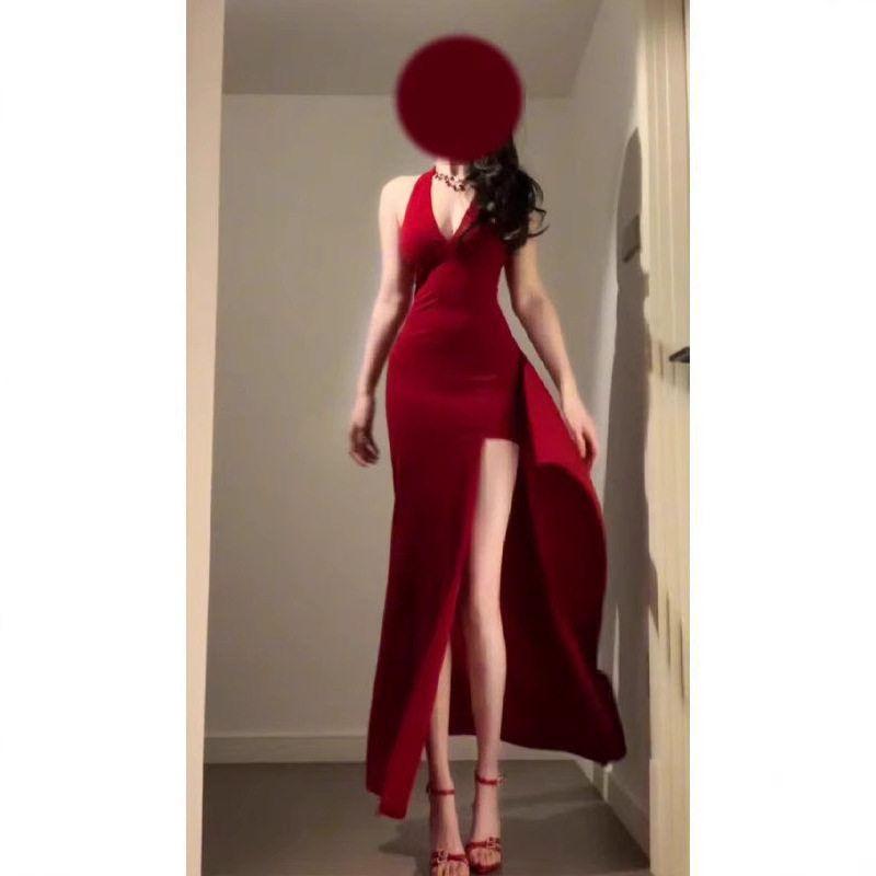 Summer French-Style Red Dress for Women, Slim-Fit Gown with a Flattering Waist, Elegant Slit Dress, Long Dress