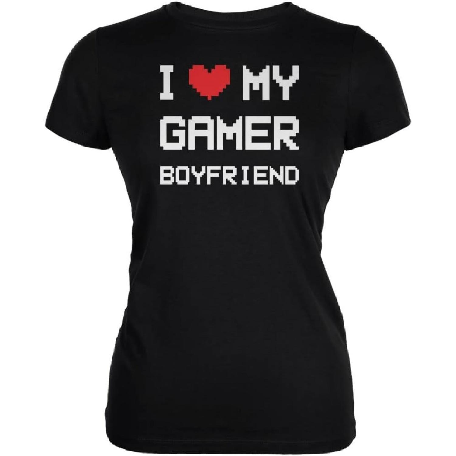 I Heart Love My Gamer Boyfriend Black Juniors Soft T-Shirt S