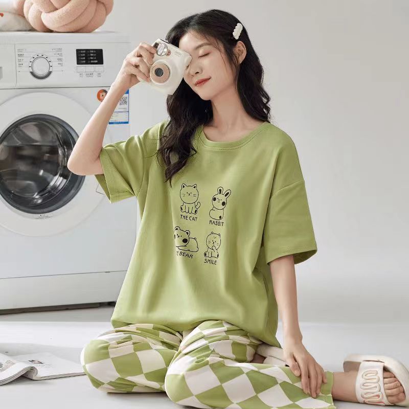 Summer short-sleeved fresh plaid pants simple casual pajamas women's breathable loose loungewear set