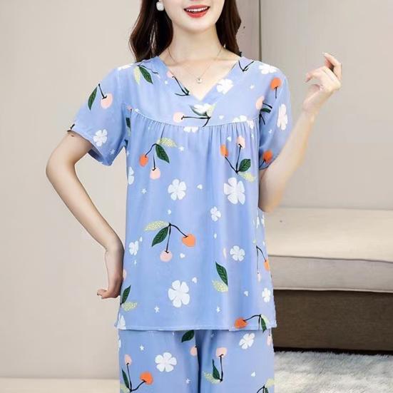 Women's Cotton Pajamas Set Short Sleeve Top Long Pants Casual Two-Piece Sleepwear Set Summer Plus Size Thin Loungewear for Elderly Mom