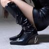 Autumn Special Heel Spice Girl High Heel Boots Pointed Toe Metal Buckle Side Zipper No Knee High Leather Boots