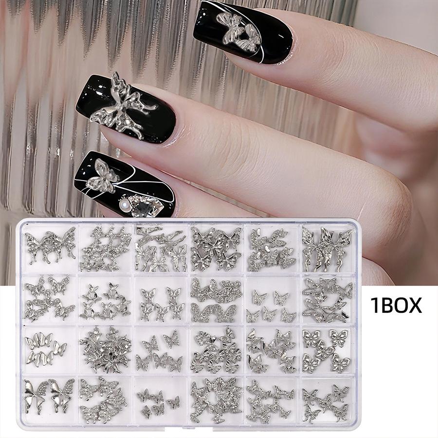 24-Grid Metal Alloy Butterfly Nail Art Decor: Gold & Silver Set Box