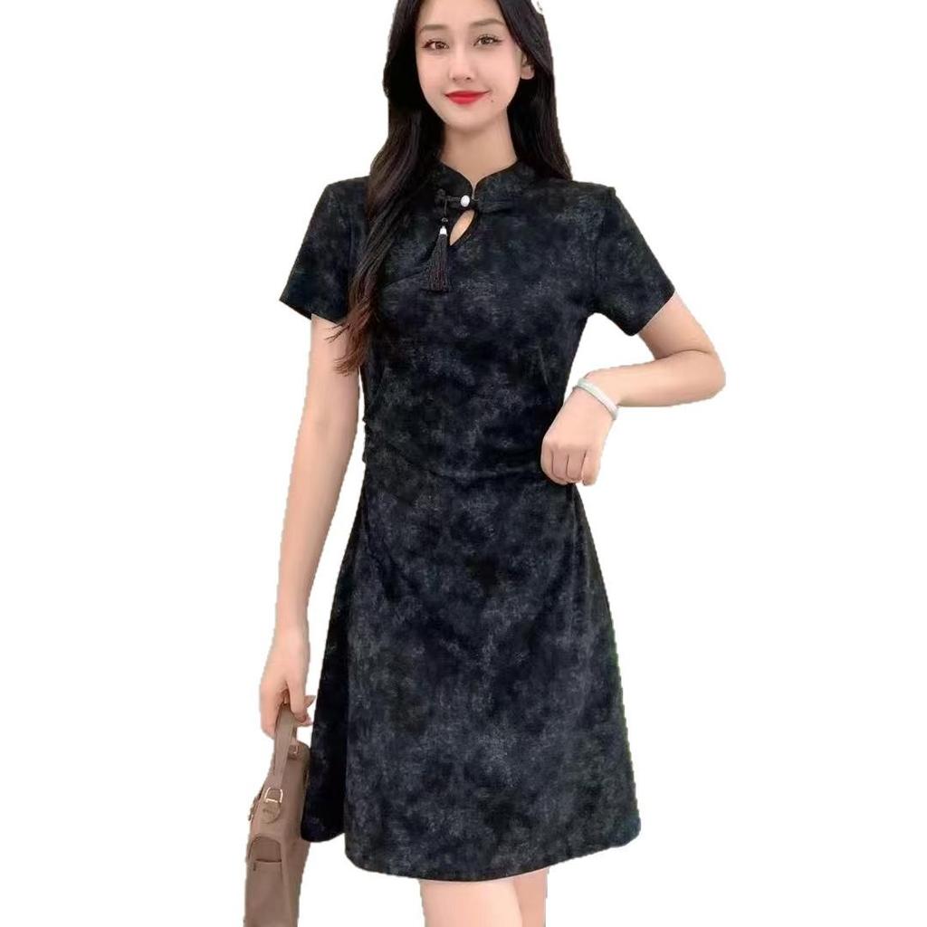 Summer Cheongsam-Style Frog Button Tie-Dye A-Line Dress with Stand Collar for Women