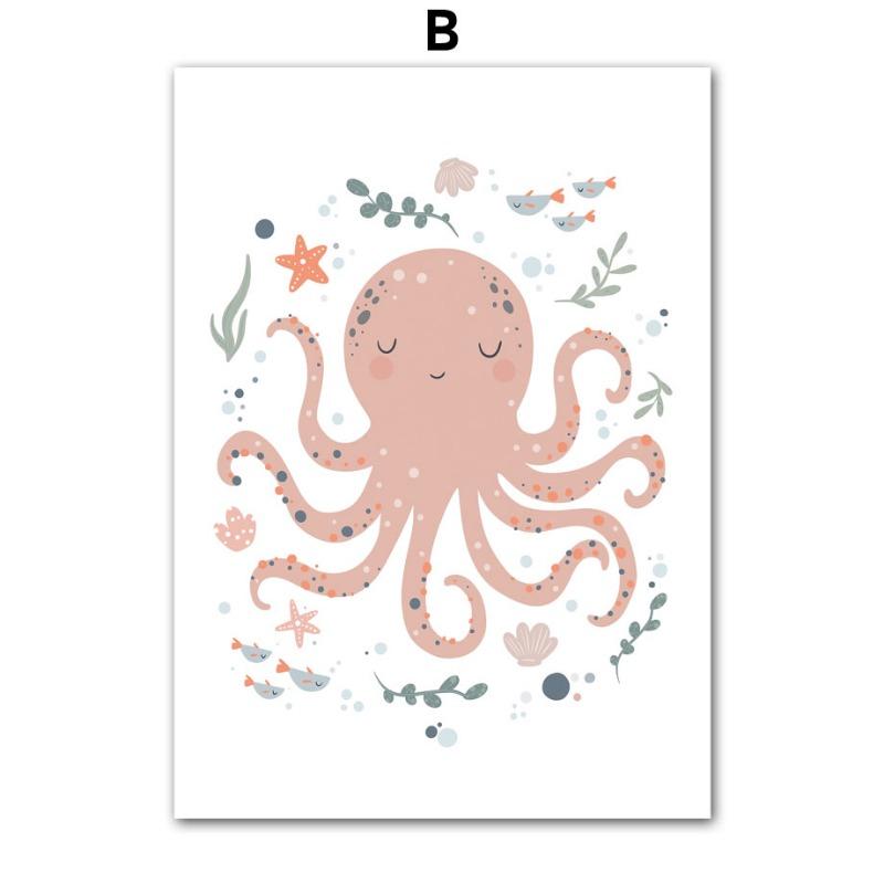 Meeresleben Oktopus Wal Schildkröte Benutzerdefinierter Babyname Kinderzimmer Poster Drucke Wandkunst Bild Dekor Nordische Kinderzimmer Leinwandbild