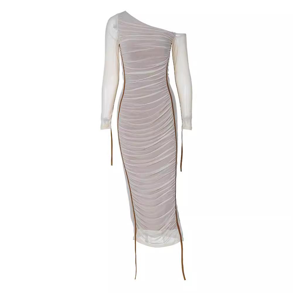 European and American Style Summer New Women's Clothing Long-sleeved Mesh Stitching Slanted Shoulder Medium and Long Dress Fashion Pleated Dress Women